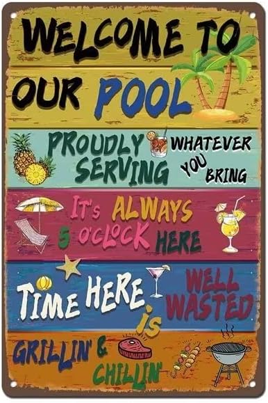 Vintage Welcome to Our Pool Sign - 8x12 Inches Decorative Sign for Outdoor Use, Perfect for Home, Backyard, Beach House, and Pool Area Decor