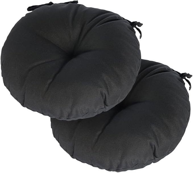 Magpie Fabrics Outdoor 15"x15"x4" Round Bistro Seat Cushions with Ties Set of 2, Tufted Waterproof Patio Floor Chair Pads for Home Garden Balcony Kitchen Office Porch, Black