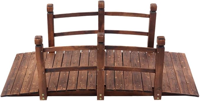 5 ft Garden Bridge, Classic Wooden Arch with Safety Rails Stained Finished Footbridge, Decorative Pond Landscaping, Backyard, Creek or Farm
