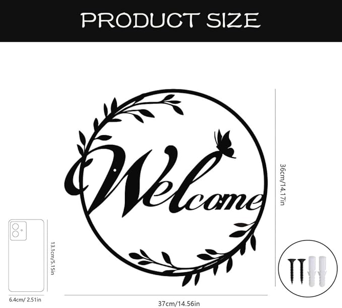 Metal Welcome Sign Front Door Decoration- Large 14.56" Black Metal Wall Art with Butterfly & Round Wreath, Indoor Outdoor Home Wall Hanging Decor for Living Room, Porch, Kitchen, Housewarming Gifts