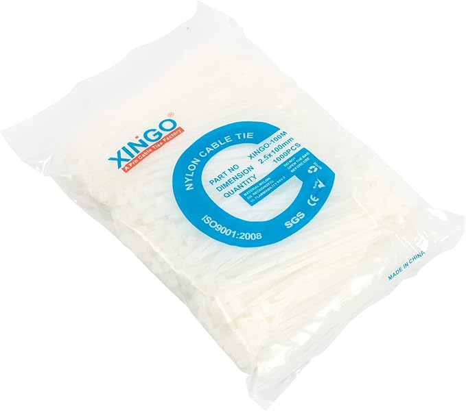 XINGO 1000 PCS 4 inch White Zip Ties, 18lb Strength, Small Tie Wraps Self-Locking Nylon Zip Ties for Indoor and Outdoor Use