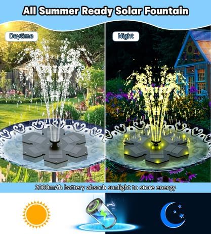 SZMP Solar Fountain Upgraded, 3.5W Snowflake Double Layer Colorful Lights, 2000mAh Battery 4 Fixes & 7 Nozzles, Solar Bird Bath Fountain for Garden Patio Pond Outdoor Décor