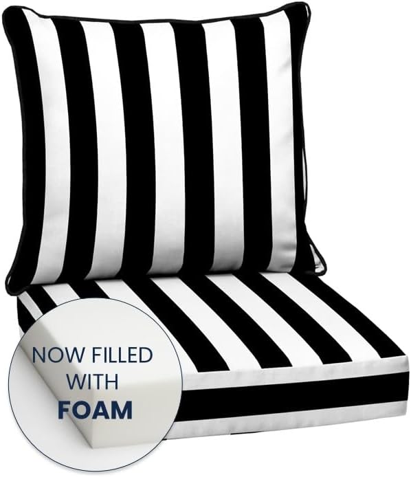 Arden 24x24 Outdoor Foam Deep Seat Cushion Set – Fade-Resistant, Weather-Resistant Outdoor Patio Replacement Cushions Black Cabana Stripe