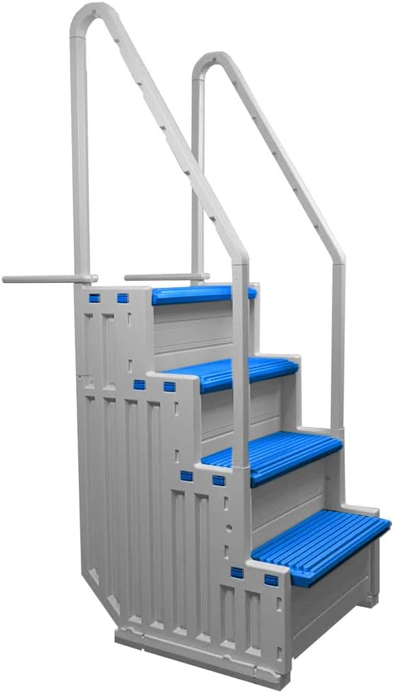 Confer Plastics Step-1X with 8000X Ground to Step Ladder: Above Ground Entry System, Dual Handrails, Slip-Resistant Steps, Supports 300 lbs, Easy Install – Made in USA, White with Blue Step-1