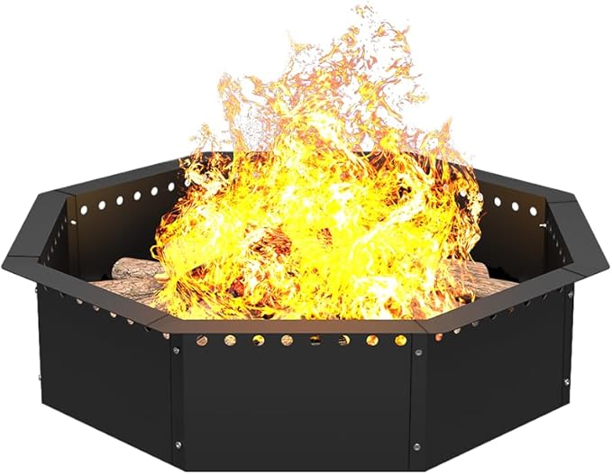Mocomax Smokeless Fire Pit Ring 28-Inch Outer 24-Inch Inner Diameter, Large Solid Steel Firepit Liner for Outside Wood Burning, DIY Campfire Ring Above or In-Ground for Outdoor, Octagonal