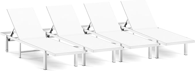 Pool Chaise Lounge Chair Set of 4, Outdoor Lounge Chairs with Wheels, 5-Position Adjustable Sun Loungers for Outside, Deck, Beach, White