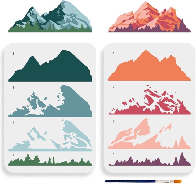 MAYJOYDIY 2pcs Layered Mountain Stencil 11.7×8.3inch Large Nature Mountain Forest Stencil Template with Paint Brush Reusable Tree Drawing Templates for Crafts Wall Art Furniture Wood Canvas