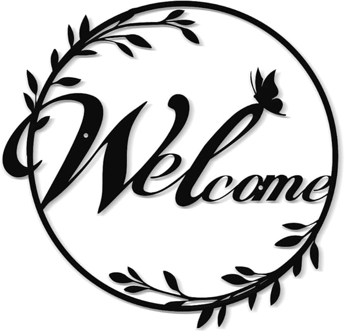 Metal Welcome Sign Front Door Decoration- Large 14.56" Black Metal Wall Art with Butterfly & Round Wreath, Indoor Outdoor Home Wall Hanging Decor for Living Room, Porch, Kitchen, Housewarming Gifts