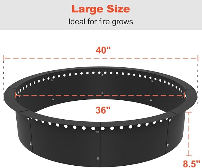 Koutemie Outdoor Smokeless Fire Pit Ring Liner 40-Inch Outer/36-Inch Inner Diameter, Heavy Duty Solid Metal Steel Round Firepit Rim Insert for Outside DIY Campfire Ring Above or In-Ground, Black