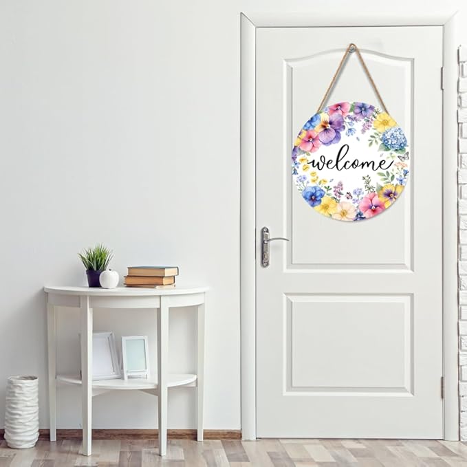 Spring Summer Welcome Door Sign Round 12 X 12 Inches Floral Welcome Wall Pediment Farmhouse Butterfly Spring Sign for Yard Porch Seasonal Summer Decoration