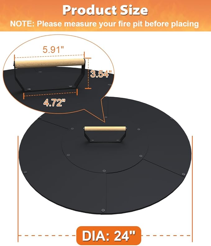 24" Wooden-Handle Fire Pit Lid for Pits up to 22", Round Metal Bonfire Pit Burner Pan Cover, Smokeless Fire Pit Cover for Fire Tables, All-Weather Resistance Outdoor Firepit Accessory