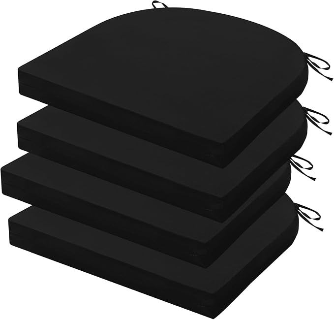 Outdoor Chair Cushions Set of 4, 17 x 16 Inch Patio Chair Cushions for Outdoor Furniture, Water Resistant, Non-Slip Ties (Black)