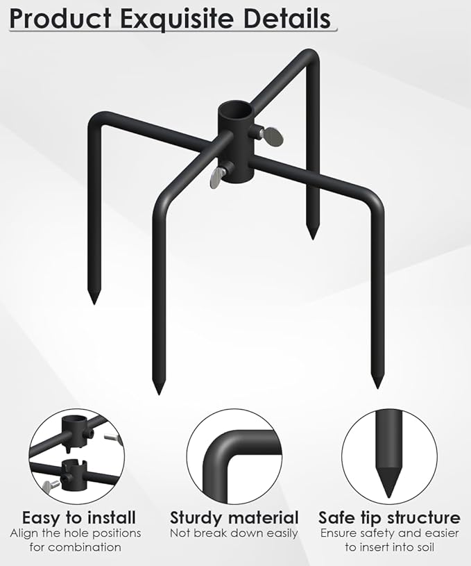 Mocomax Pole Stabilizer Stand Base Applies to 0.74" to 1.06" Shepherds Hook, Outdoor Bird Feeder Pole Stabilizer Support with 4 Prongs, Metal Holder Base for Birdhouse, Flagpole, Umbrellas, Black