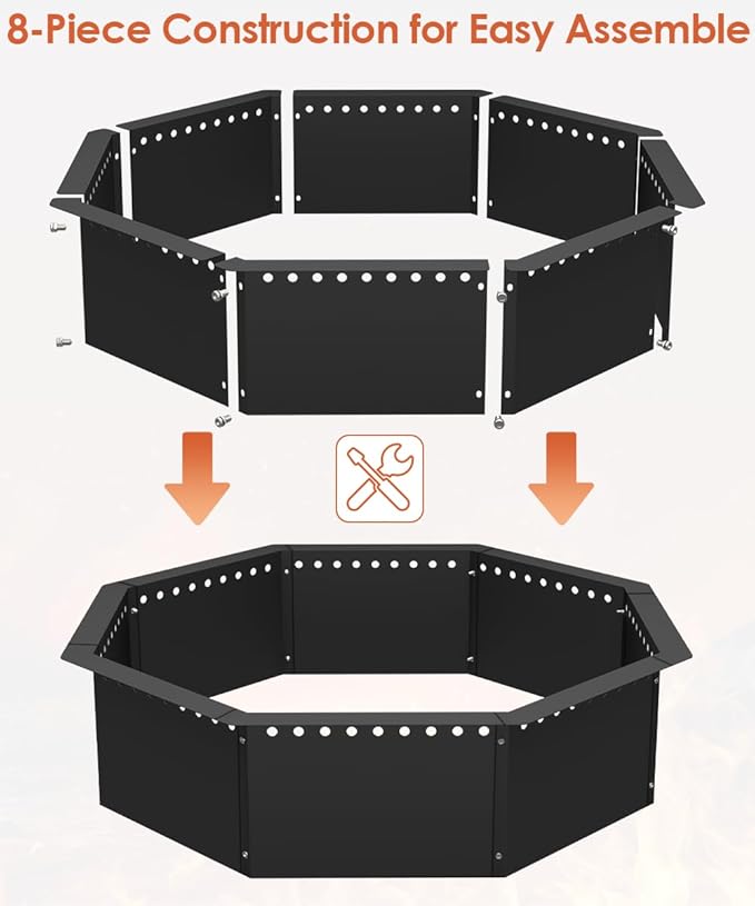 Mocomax Smokeless Fire Pit Ring 40-Inch Outer 36-Inch Inner Diameter, Large Solid Steel Firepit Liner for Outside Wood Burning, DIY Campfire Ring Above or In-Ground for Outdoor, Octagonal