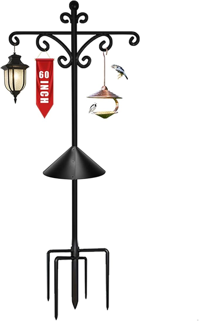 92Inch Shepherds Hooks for Outdoor with Squirrel Baffles – 6 Adjustable Hooks, 5 Prongs Base – Tall Bird Feeder Pole & Garden Stand for Hanging Plants, Lanterns, Hummingbird Feeders
