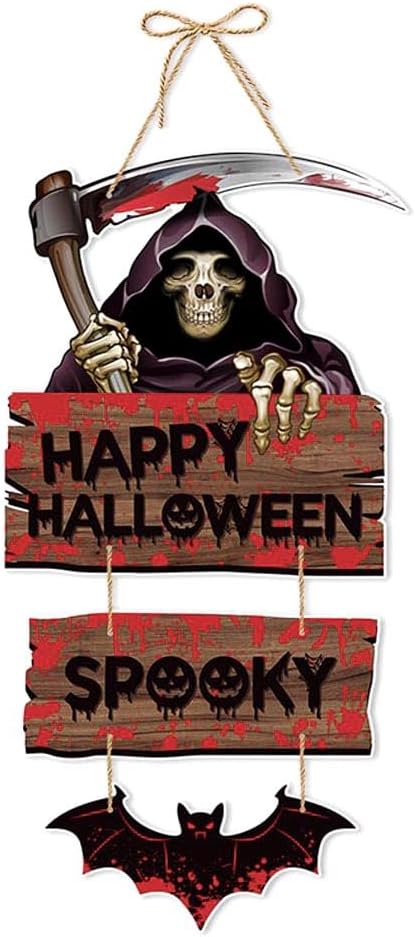 Happy Halloween Decorations Death Hanging Sign Front Door Hanger Wreath Decor Indoor Outdoor Decor for Halloween Party Home Farmhouse Wall Porch Yard Window Decoration Supplies