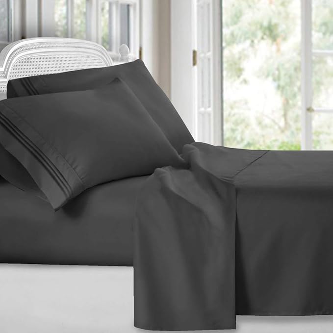 Clara Clark Bed Sheets, Premier 1800 Series 4 Piece Bed Sheet Set, Deep Pocket, Wrinkle, Fade, Stain Resistant, Luxury Soft Bedding Sheets & Pillowcases, Split King, Charcoal Gray