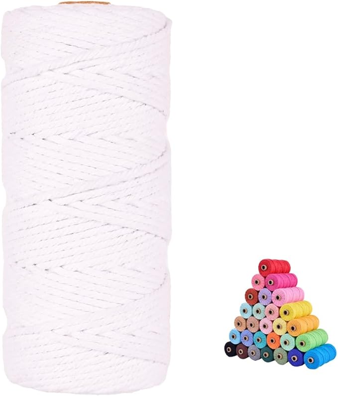 flipped 100% Natural Macrame Cotton Cord,3mm x109 Yard Twine String Cord Colored Cotton Rope Craft Cord for DIY Crafts Knitting Plant Hangers Christmas Wedding Décor (White, 3mm*109yards)