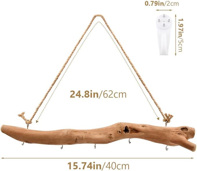 1Pc 15 Inch Natural Driftwood Decorative Branches Farmhouse Home Wall Hanging Decor Hanging Jewelry Organizers with 5 Hooks Decorative Farmhouse Home Wall Decor
