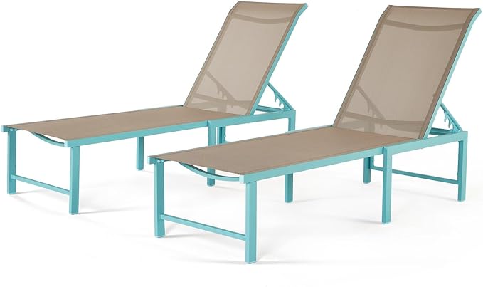 Outdoor Pool Lounge Chairs Set 2 pcs, Aluminum Outdoor Lounge Chair, Five-Position Recliner Loungers for Poolside Yard Balcony Deck Beach (Blue)