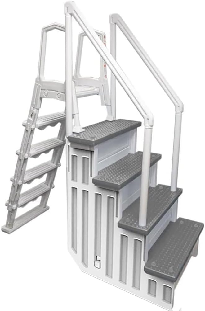 Aqua Select Anti-Slip in-Pool Steps with Outside Flip-Up Ladder | White/Gray Steps | for Above Ground Swimming Pools | Can Mount to Decks 48" to 54" H | Safety Stairs Capacity Up to 350 lbs