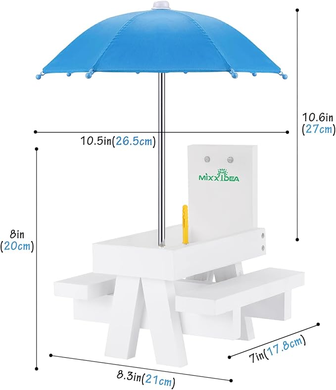 MIXXIDEA Squirrel Feeder Table with Umbrella, Wooden Squirrel Picnic Table Feeder, Durable Squirrel Feeder Corn Cob Holder, with Solid Structure and 2 x Thick Benches(White&Blue)