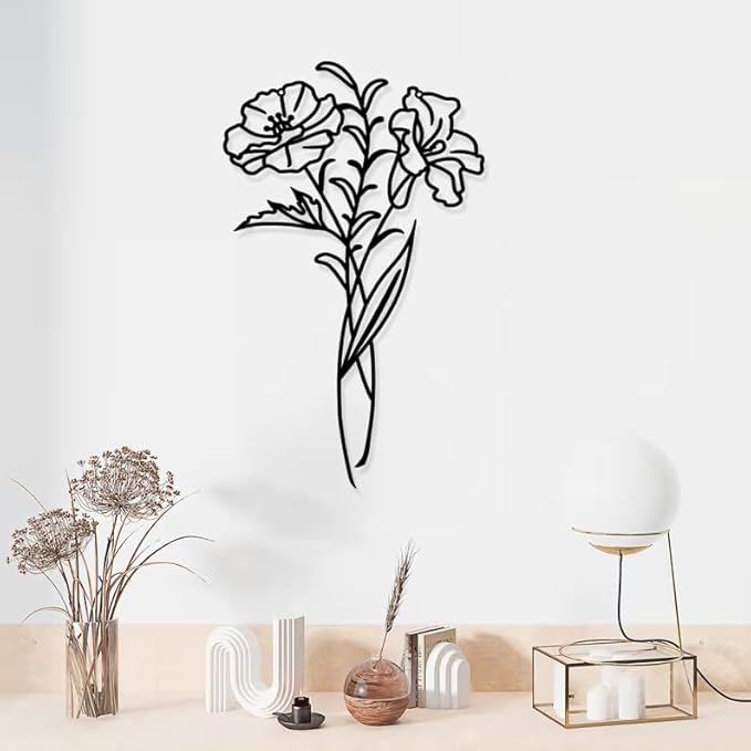 DUOOLN Metal Flowers Wall Art Decor, Minimalism Flower Hanging Iron Wall Decoration, Modern line Painting Wall Art Sculpture Sign，Home Bedroom Bathroom Outdoor Indoor Kitchen Decor