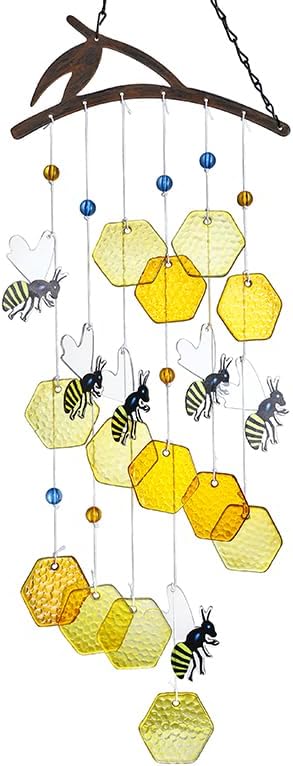 YU FENG 20" Bee Wind Chime for Outside Honeycomb Bees Decorative Hanging Suncatcher for Garden Patio Yard Ornament for Christmas Tree