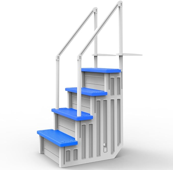 Aqua Select Anti-Slip in-Pool Steps with Outside Flip-Up Ladder | White/Blue Steps | for Above Ground Swimming Pools | Can Mount to Decks 48" to 54" H | Safety Stairs Capacity Up to 350 lbs