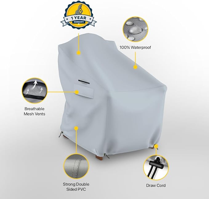 Seal Skin Covers Waterproof Adirondack Chair Cover, Heavy Duty Outdoor Furniture Cover with Drawstring, Buckles, Air Vent, Durable Fabric (Gray, 40"W x 37"D x 30"H)