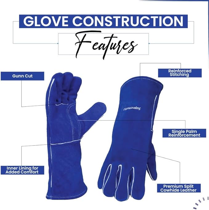 Blue Split Cowhide Welding Gloves - Shield Hands with Best Heat Resistant Welders Glove for Men & Women