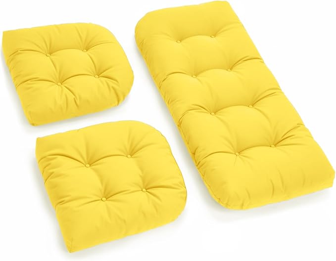 All Weather 3 Pieces Wicker Chair Cushions, Waterproof Outdoor Wicker Chair Cushion for Patio Furniture Loveseat Settee Bench, 1 Loveseat and 2 U-Shaped Thickened Cushions, Yellow