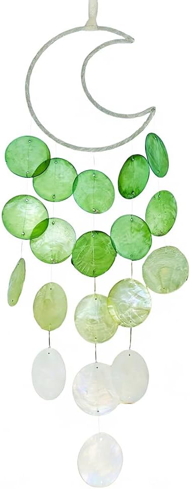 Chic Capiz Shell Wind Chime, Handmade Beach Wind Chimes for Outside, House Decoration for Courtyard, Window, Porch, Unique Gifts for Women (Green)