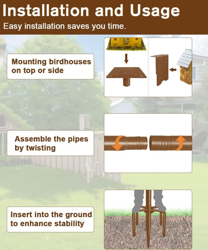 90Inch Heavy Duty Bird House Pole Mount Kit with Frosted, Bird Feeder Pole Kit with 5 Prongs Base and 2 Plates, for Outdoor, Yard, Garden, Brown(Birdhouse Not Include)