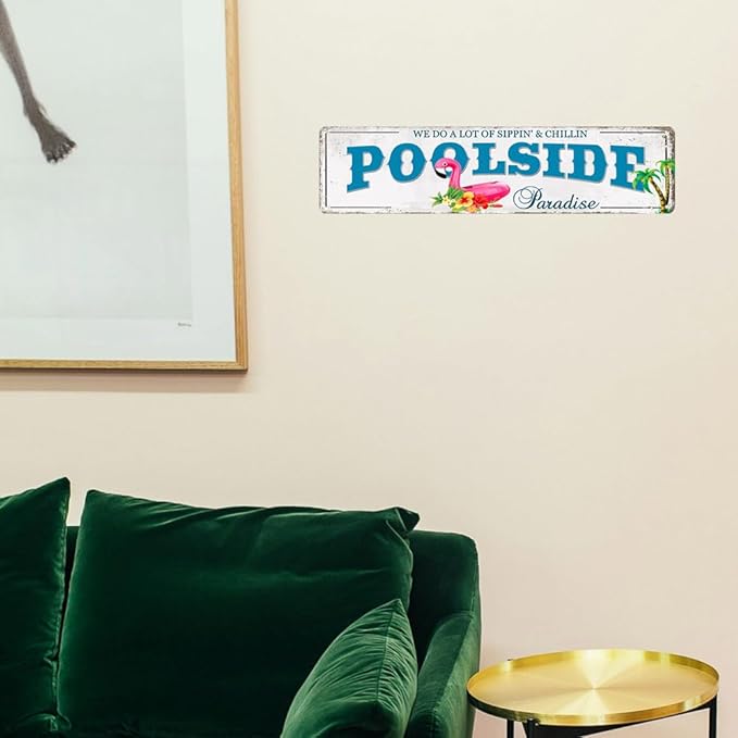Outdoor Pool Decor Pool Sign Poolside Paradise Rustic Looking Tin Metal Signs Outdoor Patio Signs Outdoor Bar Decor Outdoor Patio Signs Backyard Outside Pool Deck Decorations 4x16Inches