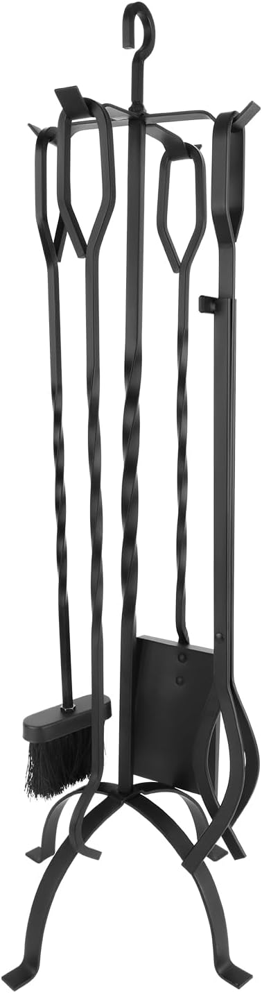 Fireplace Tools Set 5 Pieces - Lightweight Wrought Iron Fire Pit Accessories for Indoor Outdoor, Includes Sturdy Stand, Poker, Shovel, Brush & Tongs - Modern Fire Place Kit for Wood Stove
