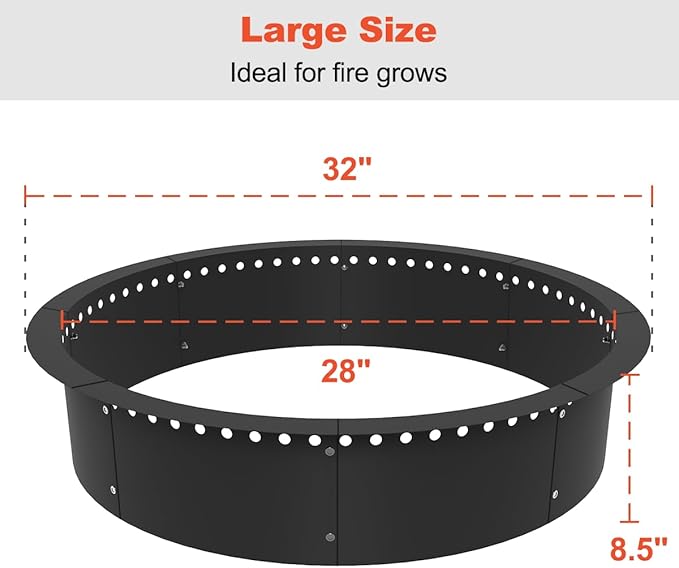 Koutemie Outdoor Smokeless Fire Pit Ring Liner 32-Inch Outer/28-Inch Inner Diameter, Heavy Duty Solid Metal Steel Round Firepit Rim Insert for Outside DIY Campfire Ring Above or In-Ground, Black