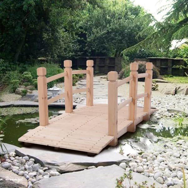 5 ft Garden Bridge, 500 LBS Capacity Arch Bridge Small Wooden Bridge with Safety Rails, Decorative Pond Landscaping, Backyard, Creek or Farm, Beige, YABEY052701