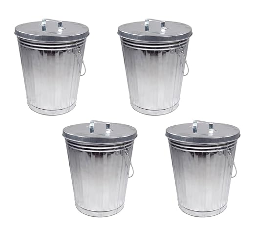 Mytee Products 4 Pack Galvanized Trash Can w/Lid Ideal for Trailers - 6 Gallon Steel Mounted Small Outdoor Garbage Can for Home, Office, Bathroom, Kitchen - Fire and Heat Resistant