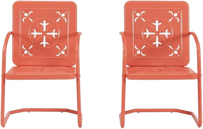 Crosley Furniture Azalea 2-Piece Outdoor Chair Set, Vintage Retro Metal Patio Chairs for Dining, Porch, Deck, Coral Gloss