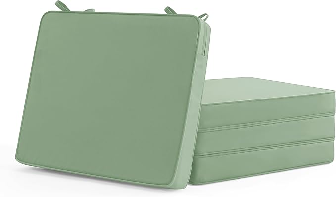 Outdoor Chair Cushions Set of 4: Waterproof & Color Fastness Seat Cushion for Patio Furniture - 22 x 22 x 3 Inch Chair Pads with Ties and Hidden Zipper - Patio Chair Cushion Replacement, Sage Green