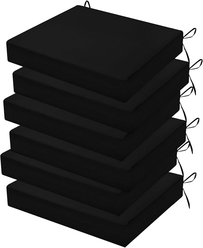 Outdoor Chair Cushions Set of 6, 18.5 x 16 Inch Patio Chair Cushions, Water Resistant, Non-Slip Ties (Black)