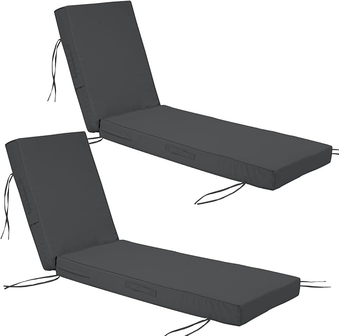 Chaise Lounge Cushions Outdoor Set of 2, Waterproof & Fade Resistant Patio Lounger Cushions, Replacement Sun Lounger Pads with Removable Cover for Pool, Deck, Lawn Furniture