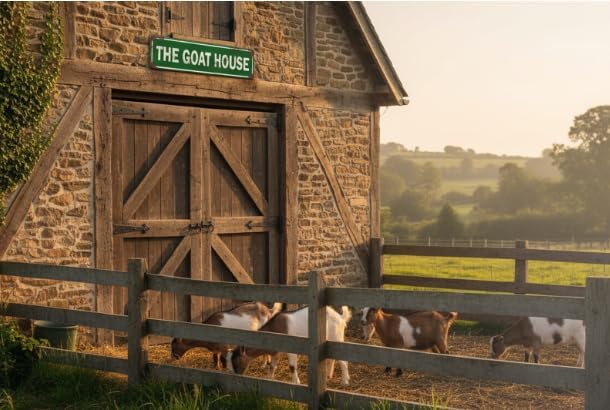 The Goat House Sign, Green Vintage Metal Farm Decor, 4x16 Inch Rustic Aluminum Sign for Goat Barn, Shed, Farmhouse Kitchen, Garden & Outdoor Animal Shelter