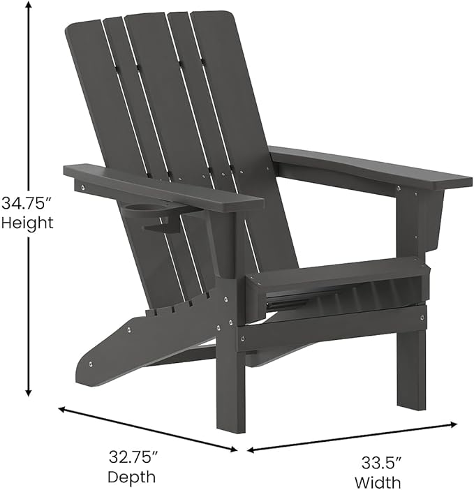 Flash Furniture Halifax Adirondack Chairs with Cup Holders, Weather Resistant Poly Resin Adirondack Chairs, Set of 2, Gray