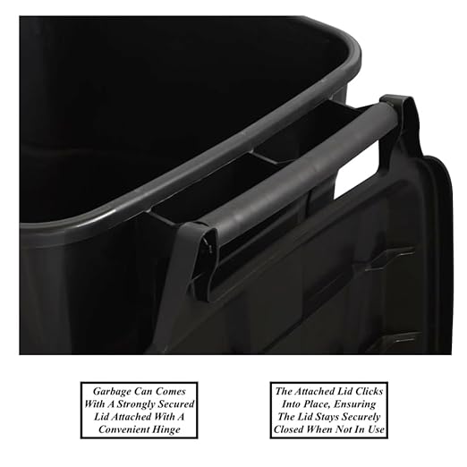 45 Gallon Heavy Duty Plastic Garbage Cans Trash Cans Rubbish Bin with Attached Lid 2 Built in Rugged Wheels Easy Grip Handle Click Lock Lid Design Perfect for Both Indoor Or Outdoor Use