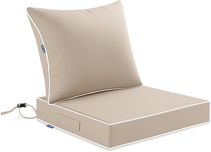 MIULEE Beige Outdoor Seat Cushion 22x24 Inch Waterproof & 3 Year Fade Resistant Deep Seat and Back Cushion for Patio Furniture Chair Sofa Couch with Handle and Adjustable Straps
