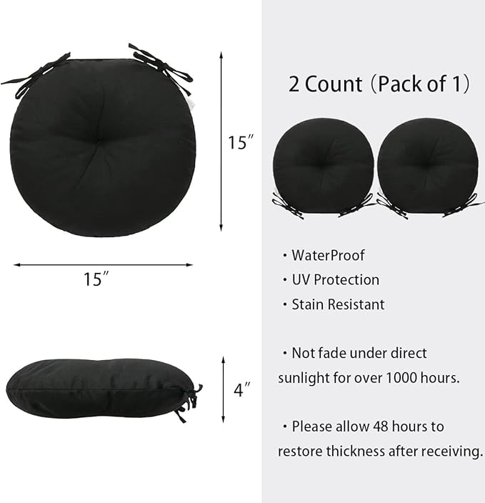 FUNHOME Bistro Chair Cushions 15 inch,Set of 2,Tufted Round Chair Cushions with Ties,15"x15"x4",Water Resistant Round Seat Cushion for Barstool Chairs,Patio Garden Kitchen Outdoor Furniture(Black)