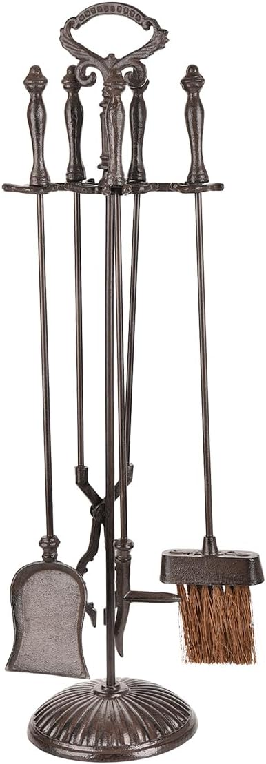 Sungmor Heavy Duty Cast Iron Fireplace Tools Set – 5 Piece Fire Tools with Stand, Fireplace Accessories for Wood Stove, Indoor Outdoor Fire Pit & Hearth