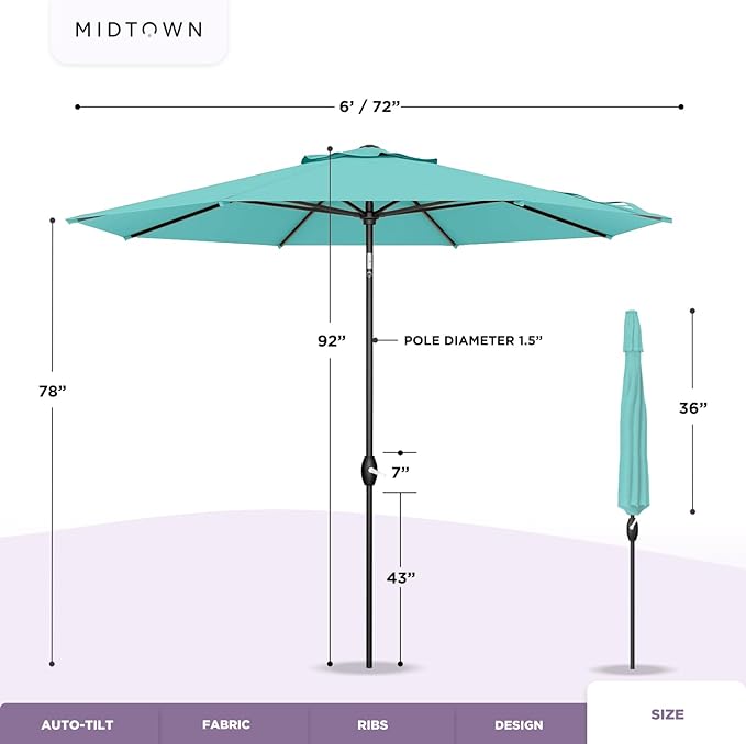 Midtown Umbrellas - 10-Year-No-Fade 6 Ft Patio Umbrella with Terylast Fabric, Auto-Tilt Aluminum Frame and 8 Reinforced Ribs for Deck, Pool, Garden & Beach - Pear Green Canopy, Black Pole